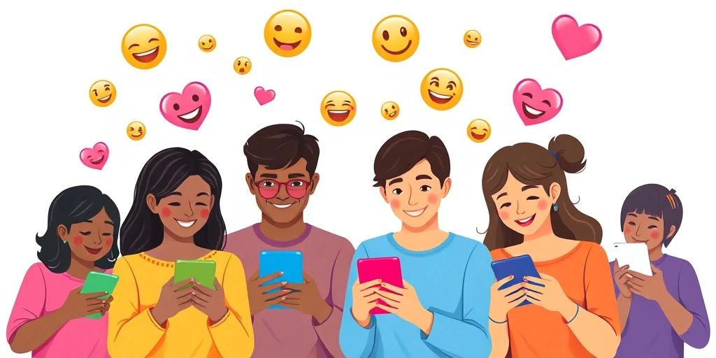 People using phones with friendly emojis floating above, representing positive tone in digital conversations.