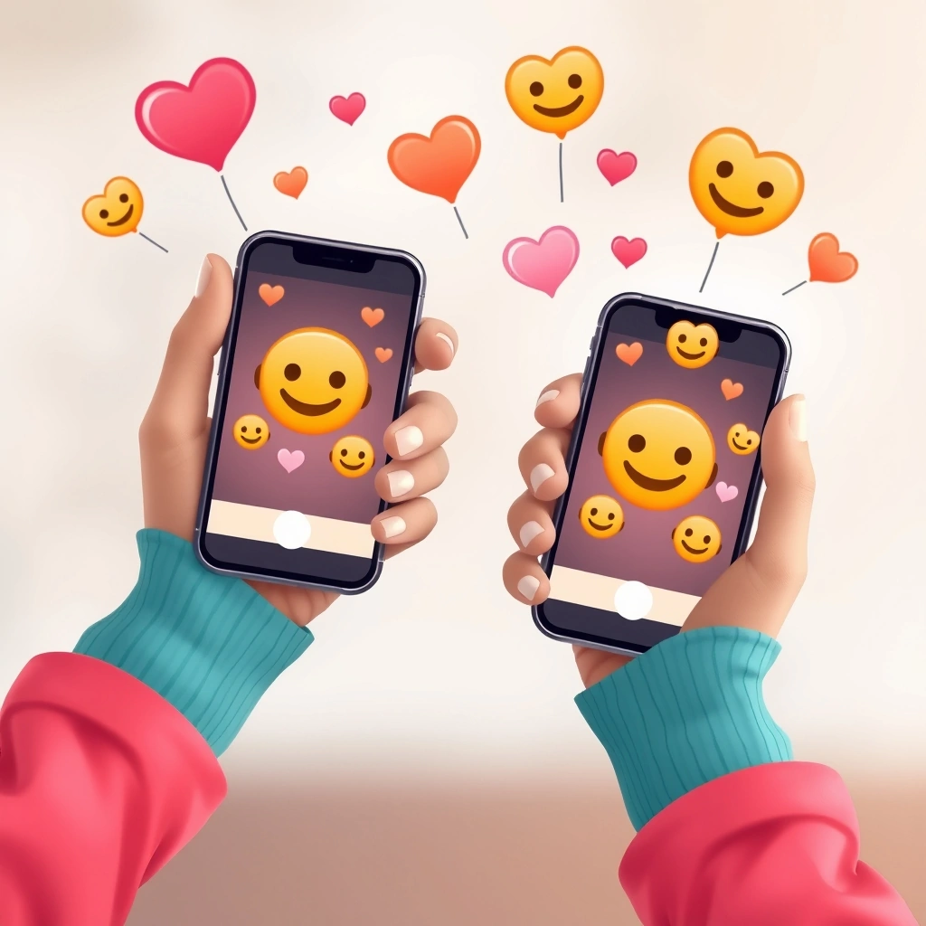 A conceptual image showing emojis creating a bridge of emotion between two people texting slowly.