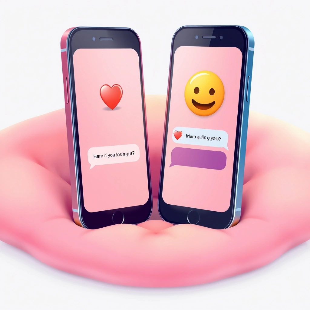 Two phones exchanging messages with heart and smiley face emojis, representing softened digital communication.