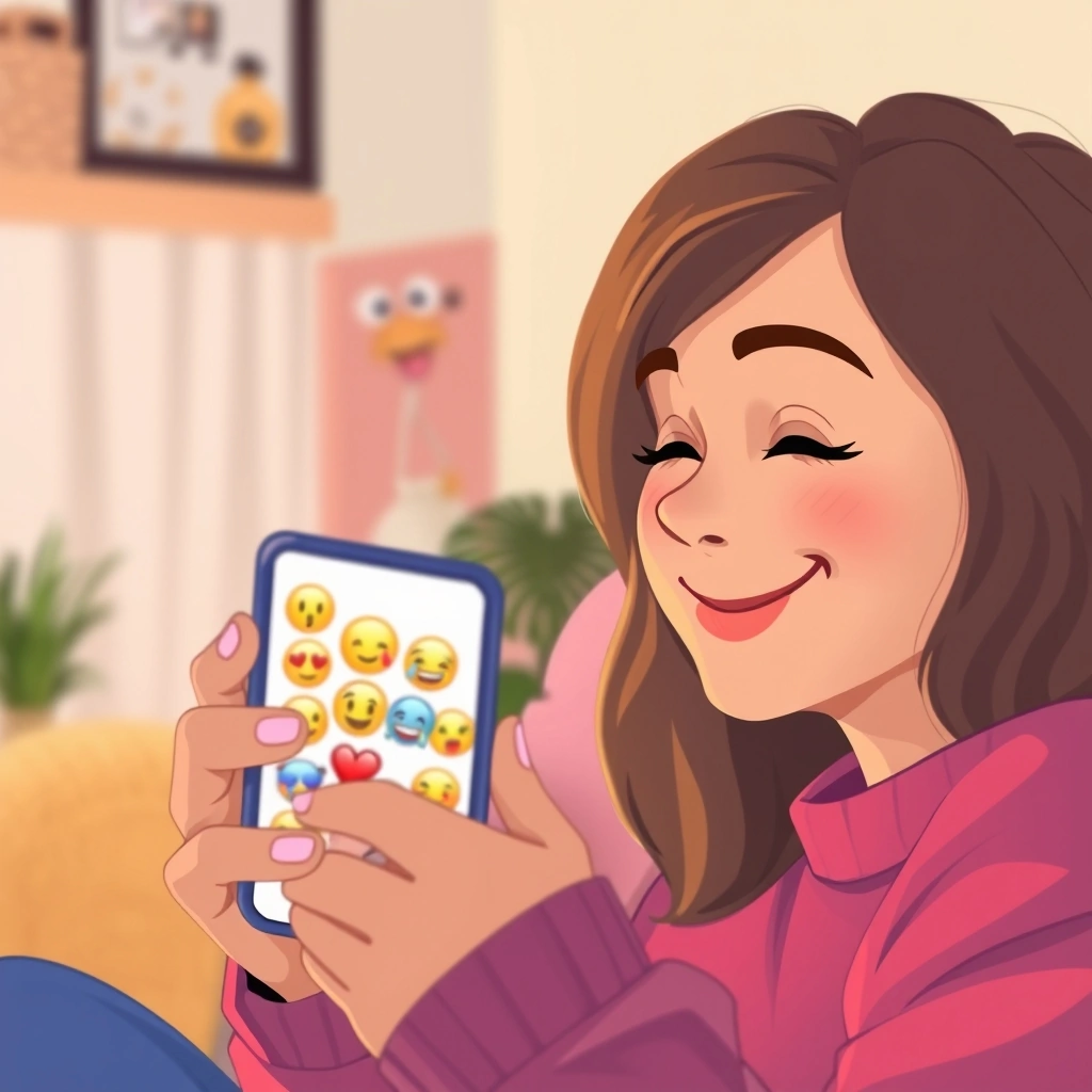 A person smiling at their phone, with emojis visible on the screen, conveying warmth in digital communication. A person smiling at their phone, with emojis visible on the screen, conveying warmth in digital communication.
