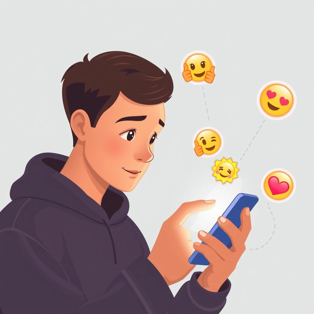 A person contemplating emoji choices on their phone with glowing emoji pairs floating nearby. A person contemplating emoji choices on their phone with glowing emoji pairs floating nearby.