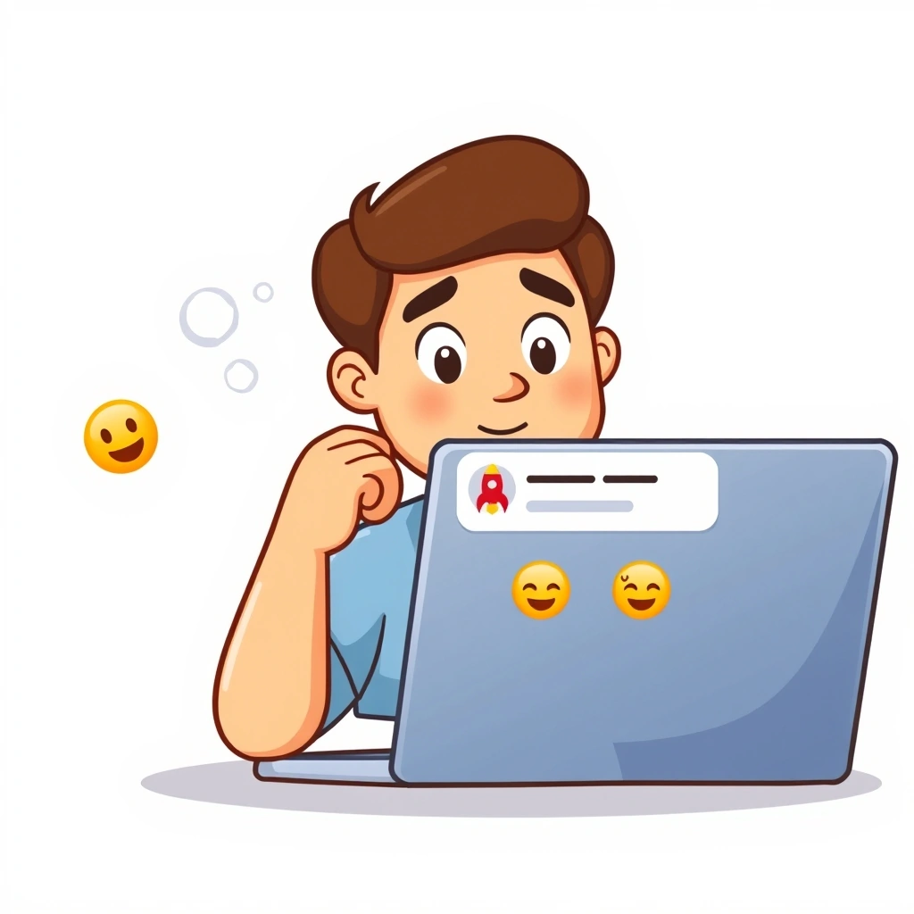A professional adding emojis to a work status update on their laptop A professional adding emojis to a work status update on their laptop
