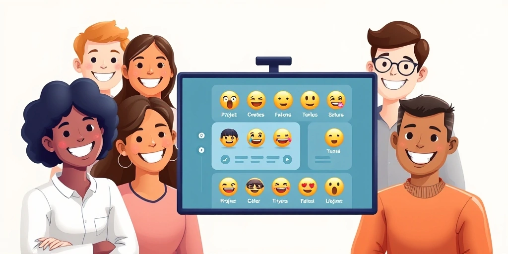 A remote team collaborating, using emojis to visualize project status on a shared screen A remote team collaborating, using emojis to visualize project status on a shared screen