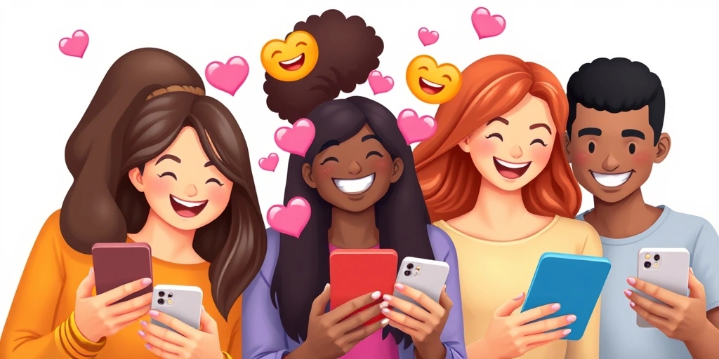 A group of friends connected and laughing together through emojis on their phones. A group of friends connected and laughing together through emojis on their phones.