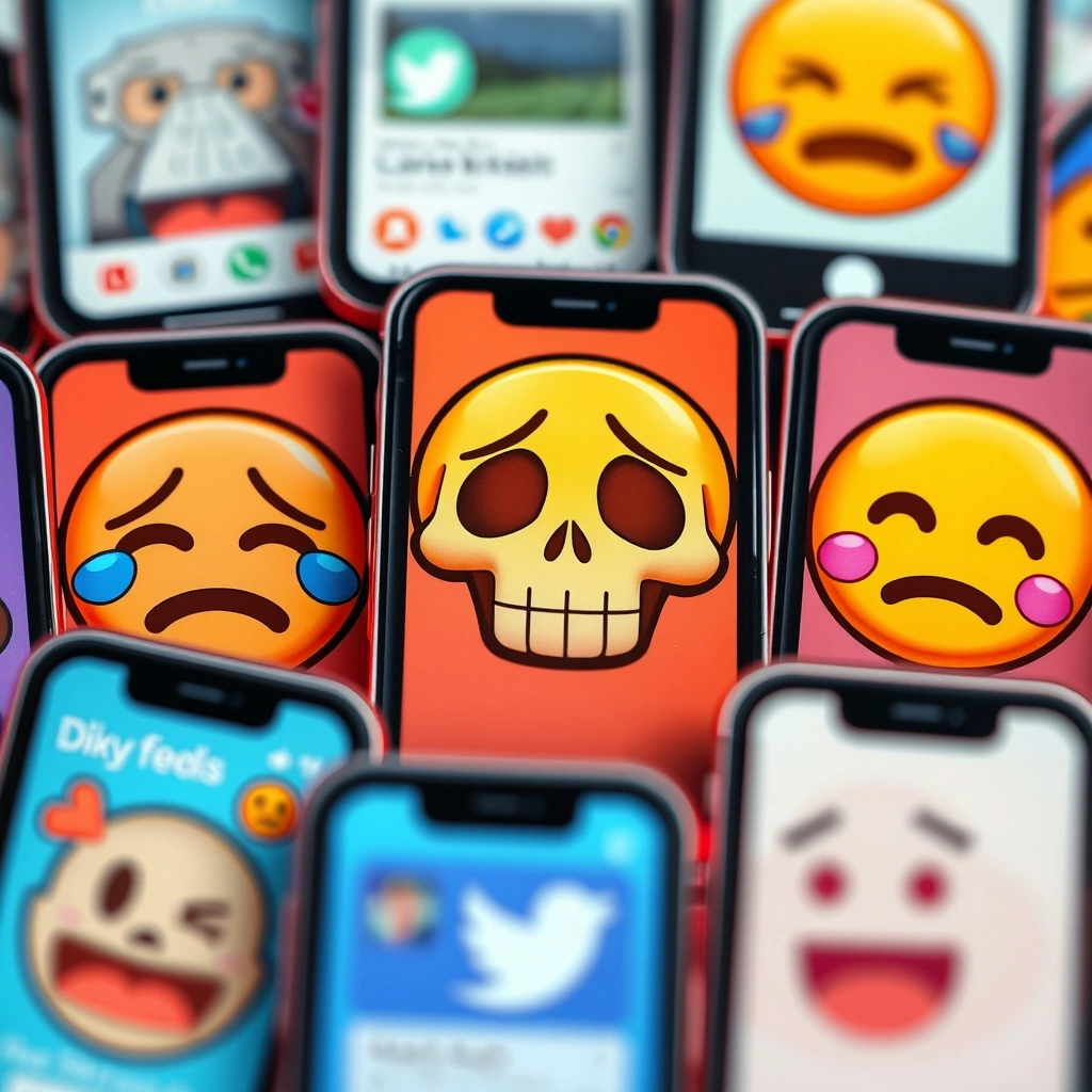 A collage of phone screens showcasing popular emojis like 😂 and 💀 in various social media contexts.
