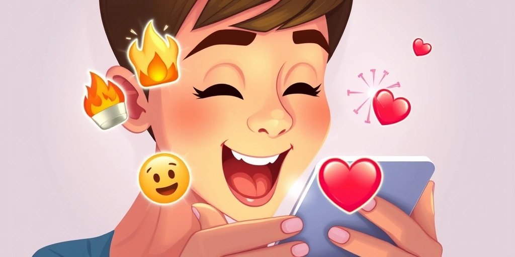 Person reacting to a message with intense joy, symbolized by glowing emoji pairs Person reacting to a message with intense joy, symbolized by glowing emoji pairs