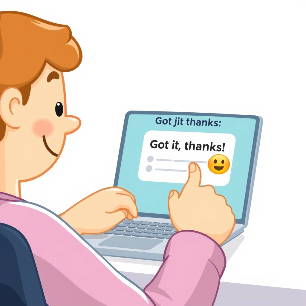 Person smiling at a friendly, emoji-enhanced Slack reply on their laptop.