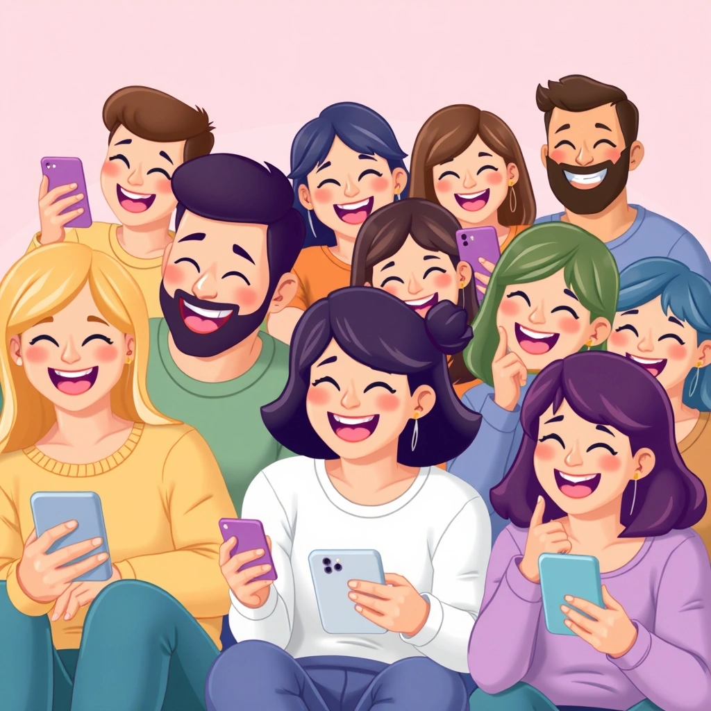 Friends using phones, their expressions mirroring common emoji reactions like laughter and surprise.