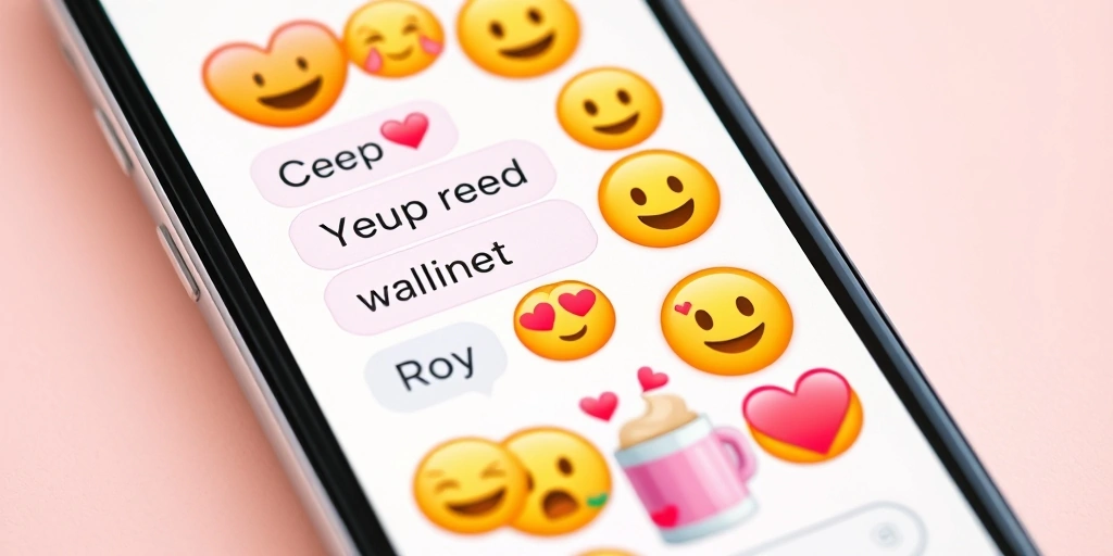 A smartphone displaying a cheerful text message exchange with colorful emojis.