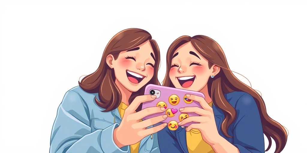 Friends sharing a laugh over a phone, with emoji decorations visible.