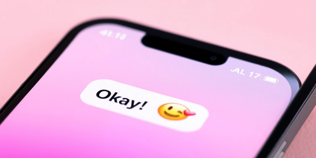 A smartphone comparing a plain 'Okay' text message with a friendly 'Okay!' followed by a smiling emoji.