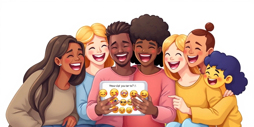 Friends smiling and bonding over a phone screen filled with positive emoji reactions in a group chat.