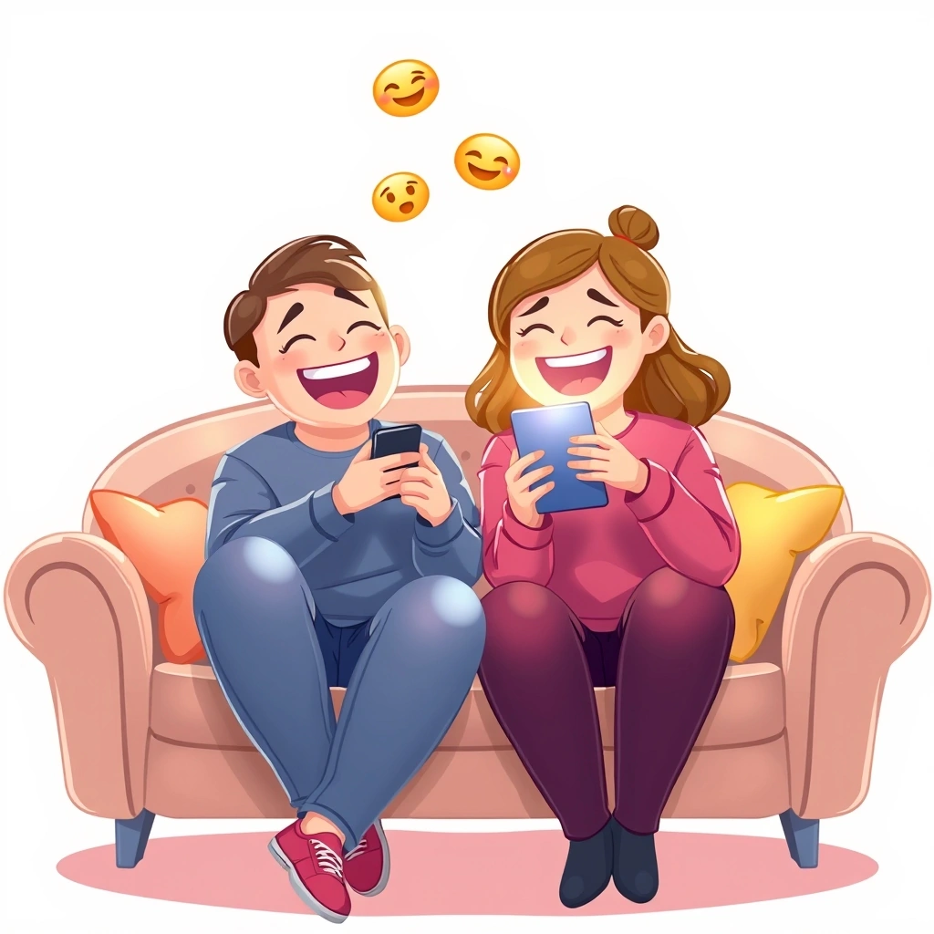 Two friends laughing together while looking at a phone showing emojis.
