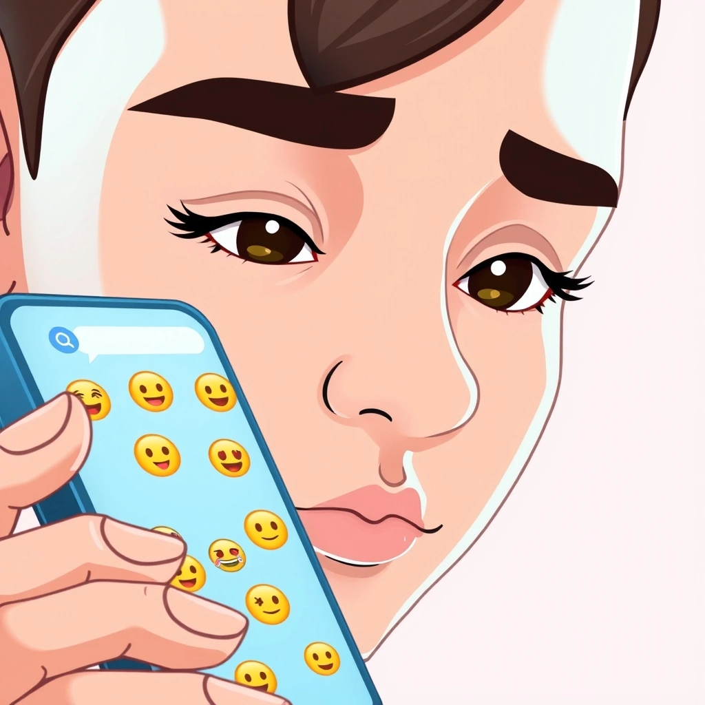 Person contemplating an emoji-filled chat on their phone