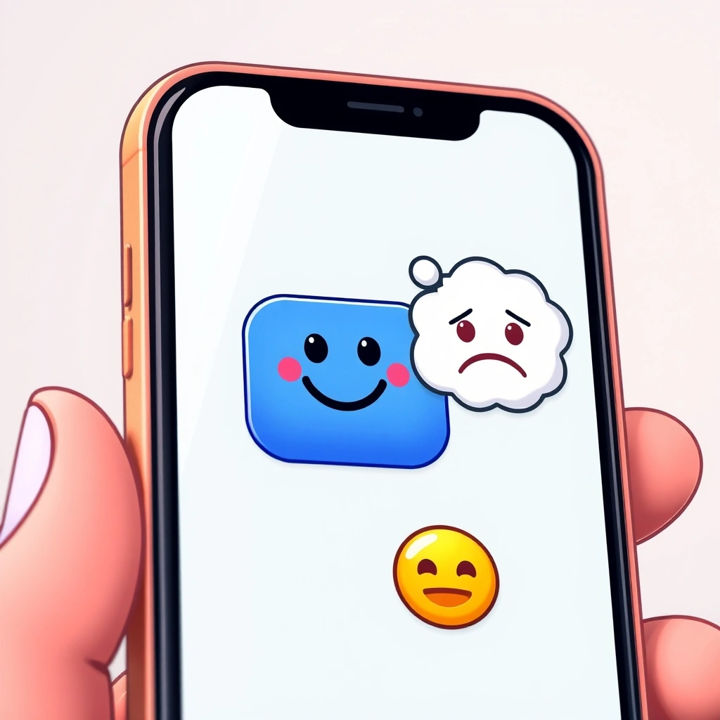 A smartphone displaying a smiling emoji next to a thought bubble with a confused face. A smartphone displaying a smiling emoji next to a thought bubble with a confused face.