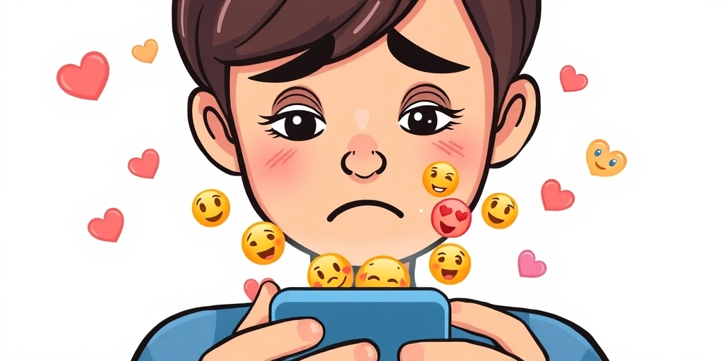 Someone looking concerned at a phone screen cluttered with many different emojis. Someone looking concerned at a phone screen cluttered with many different emojis.