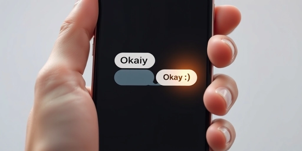A smartphone screen comparing a plain text message to one with a smiley emoji, highlighting the emotional difference.