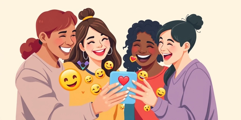 Friends sharing a laugh over a phone, with a colorful overlay of happy emojis symbolizing social connection.