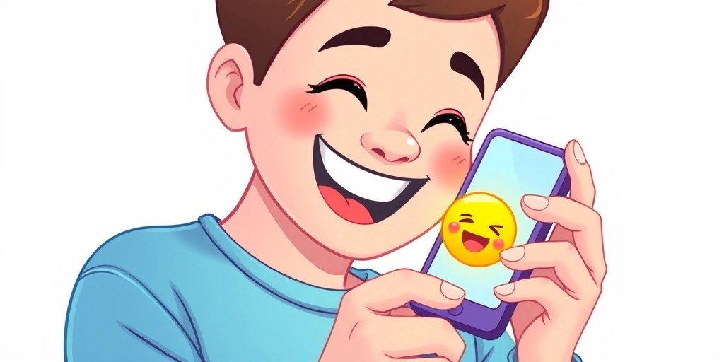 Someone smiling brightly at their phone screen showing an excited emoji