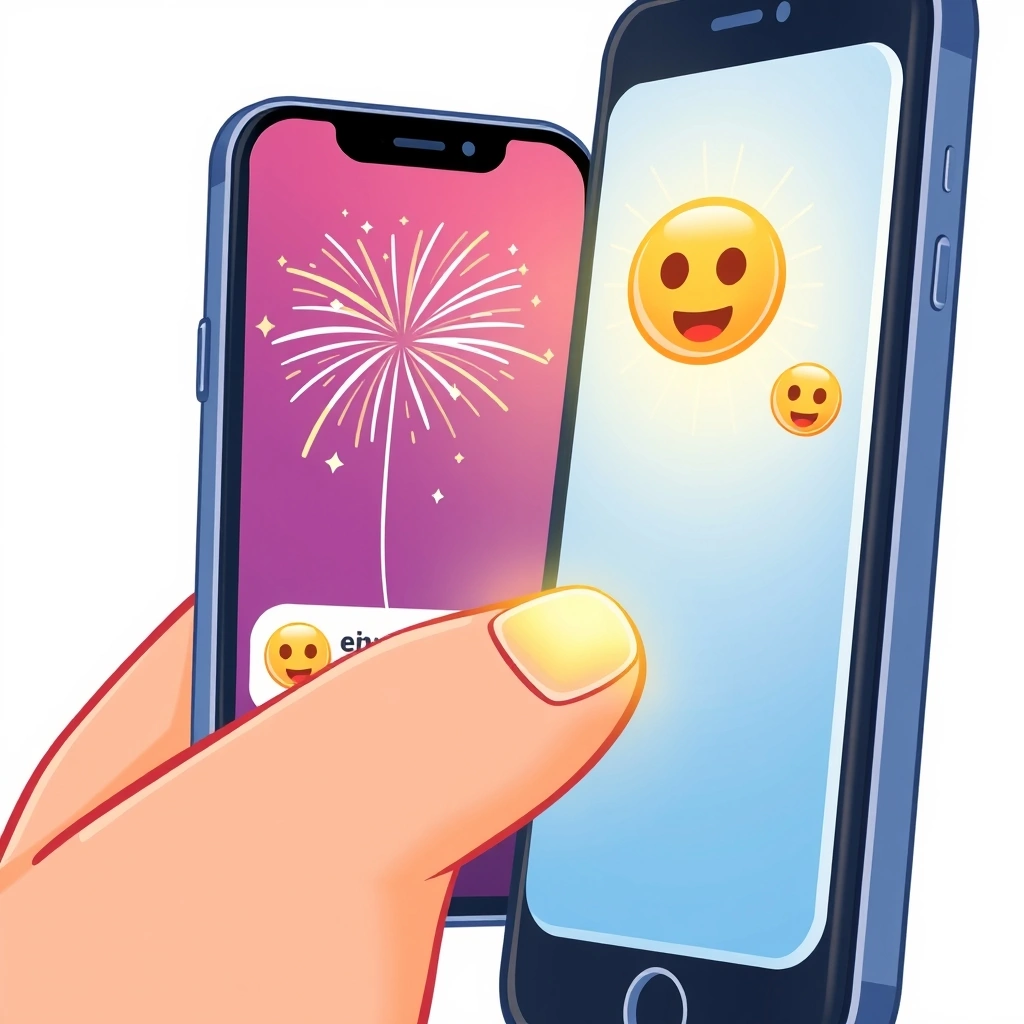 Two phones texting, one sending an excited emoji that lights up the other screen