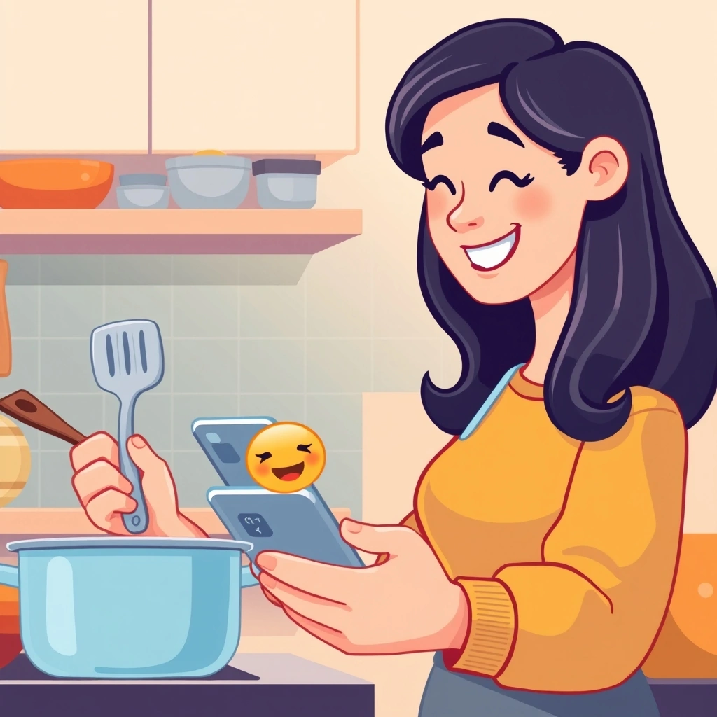 Someone cooking while sending a quick emoji reply on their phone, showing how to communicate while occupied. Someone cooking while sending a quick emoji reply on their phone, showing how to communicate while occupied.