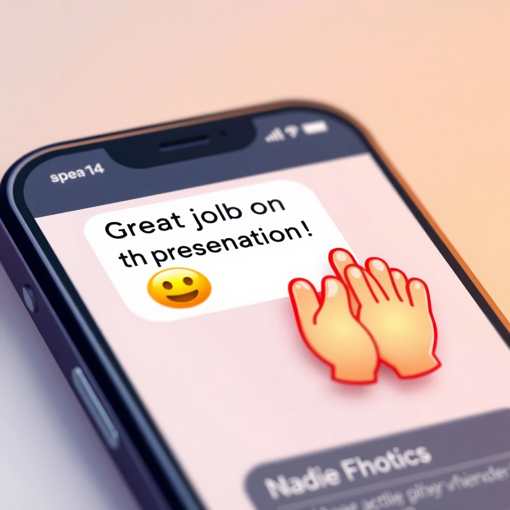 Smartphone showing a positive text message with a clapping hands emoji