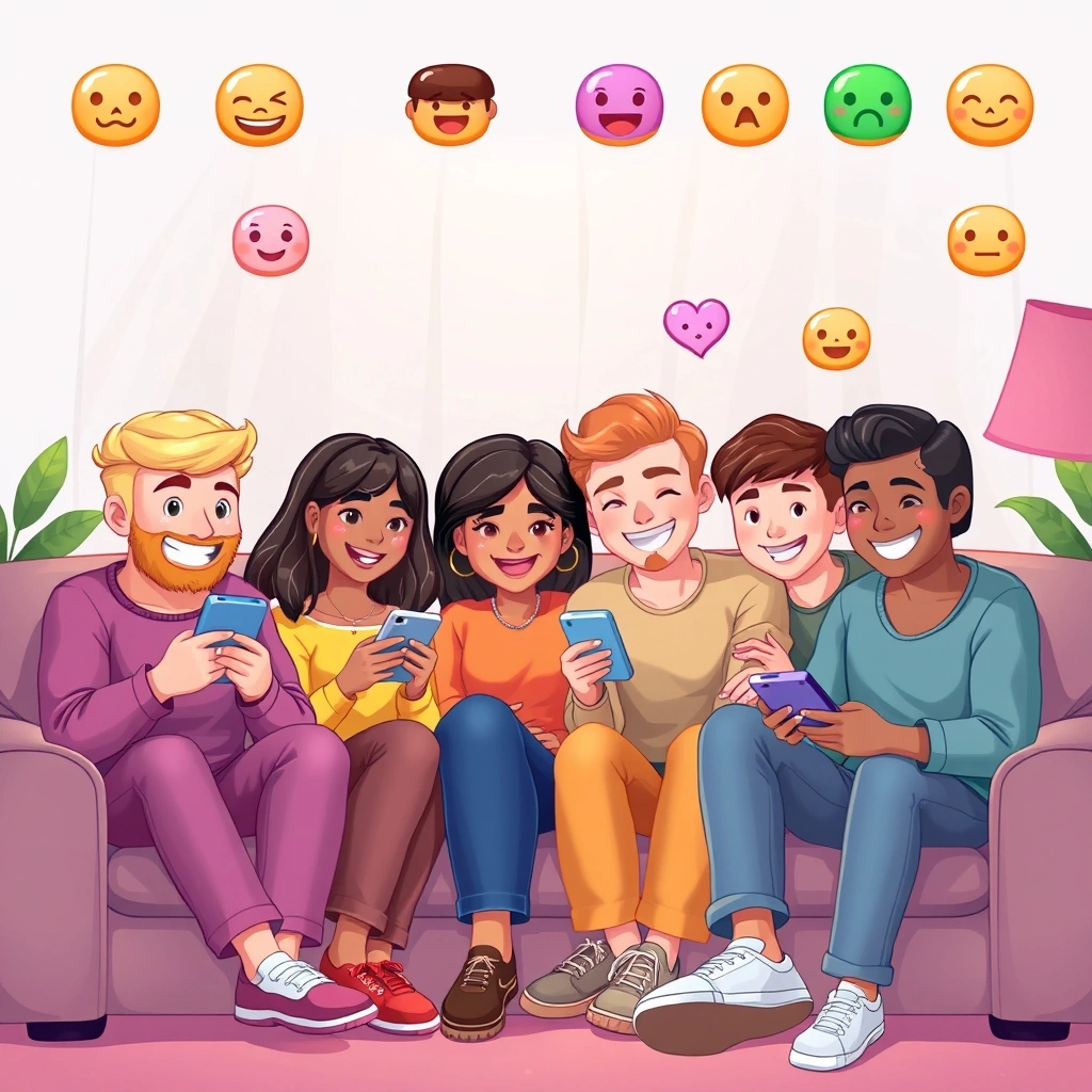 A group of friends laughing together while checking their phones. A group of friends laughing together while checking their phones.