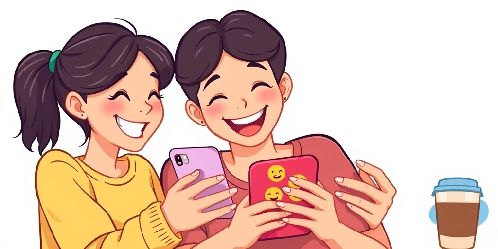 Friends sharing a laugh over a phone, surrounded by a warm, casual atmosphere.