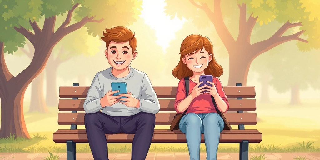 Two friends smiling while having a lighthearted text conversation on their phones in a park.