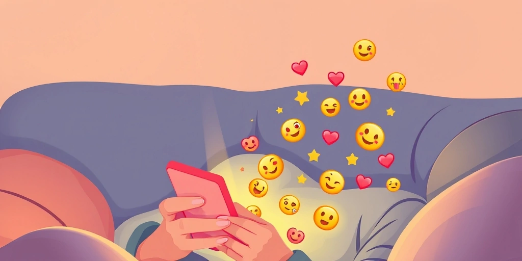 Someone smiling at their phone screen filled with heart and star emojis in a cozy room