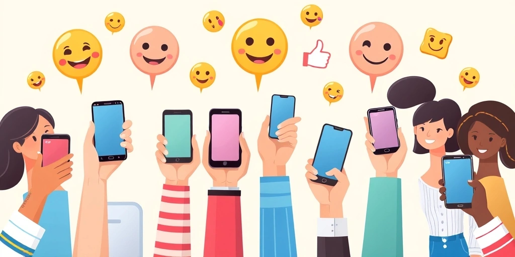Hands holding phones with positive emoji bubbles floating above, representing connection. Hands holding phones with positive emoji bubbles floating above, representing connection.