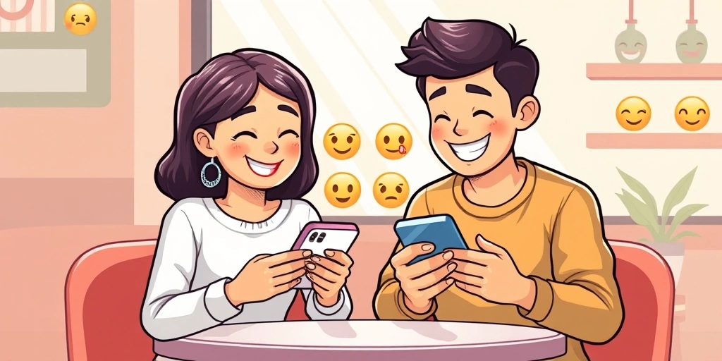 Two friends laughing together while looking at their phones.