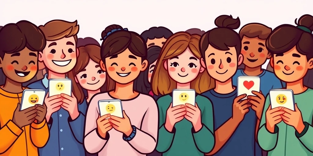Different people on their phones, each screen showing a different expressive emoji.
