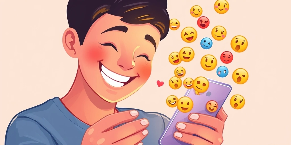 A person happily looking at a phone screen lit up with emojis