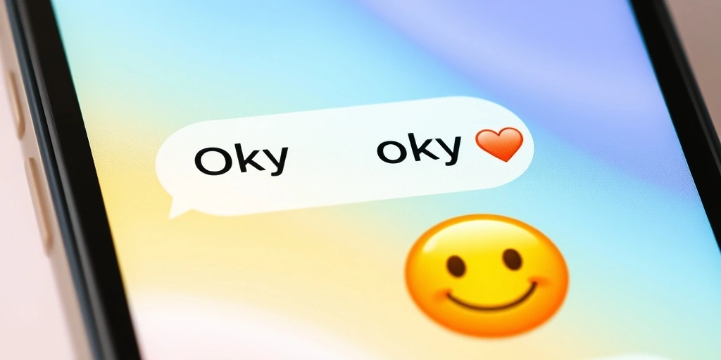 A smartphone screen comparing a plain 'Okay' text message with a friendly 'Okay' followed by a smiling emoji.