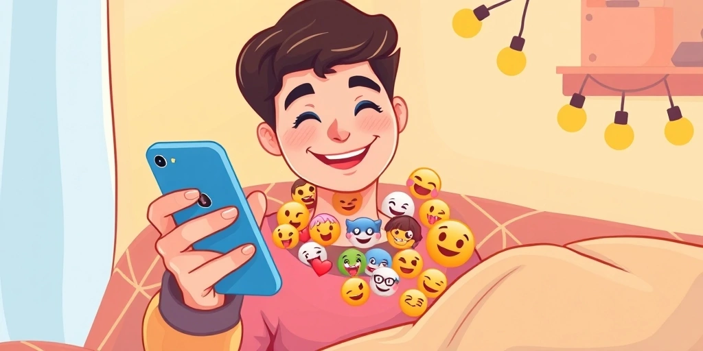 A person happily engaged in an active, emoji-filled group chat.
