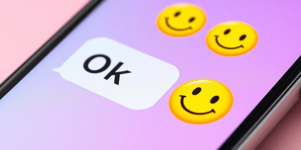 Comparison of a plain 'OK' text message versus an 'OK' with a smiley face emoji on a phone screen. Comparison of a plain 'OK' text message versus an 'OK' with a smiley face emoji on a phone screen.