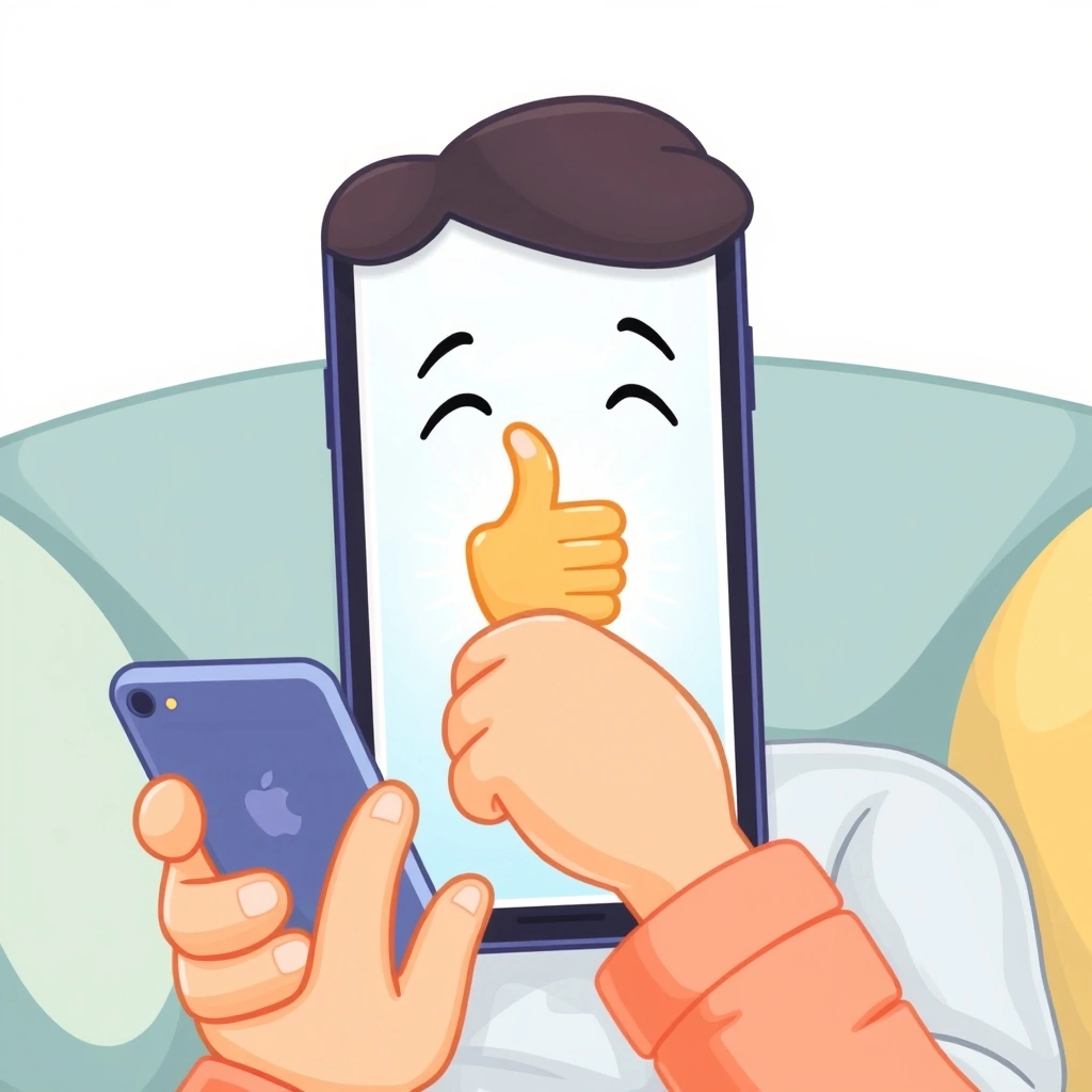 Person smiling as they select a thumbs-up emoji to send in a text message. Person smiling as they select a thumbs-up emoji to send in a text message.