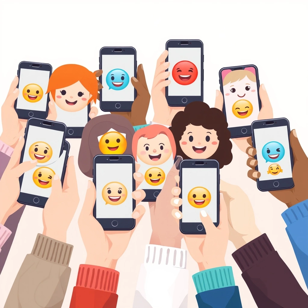 Multiple hands holding phones showing different emojis, symbolizing generational communication habits.