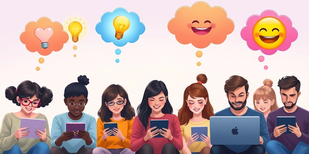 People using devices with emoji thought bubbles above their heads, symbolizing subconscious emotional reactions to online messages.