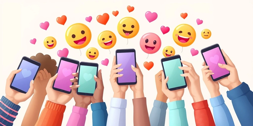Group chat energy with emojis floating between friends' phones