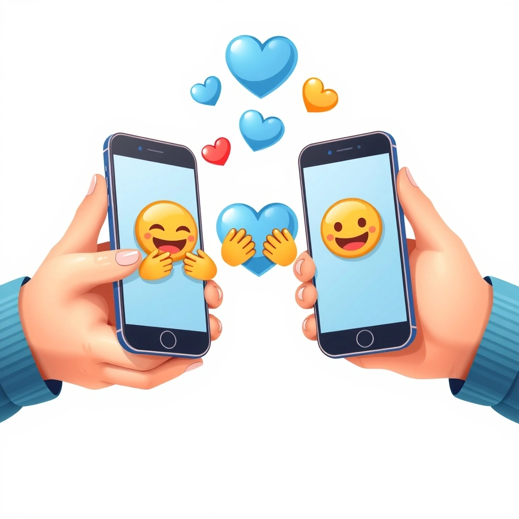 Hands holding phones with supportive hug and heart emojis between them