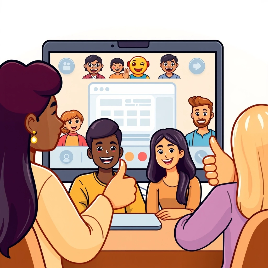 Remote team collaborating with positive emoji reactions during a video meeting.