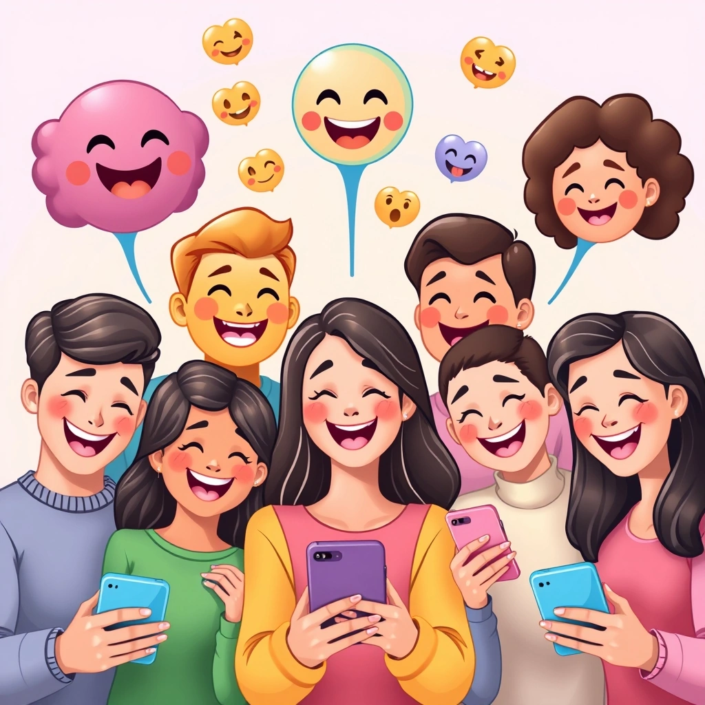 Friends in a cafe using phones, connected by emoji thought bubbles.