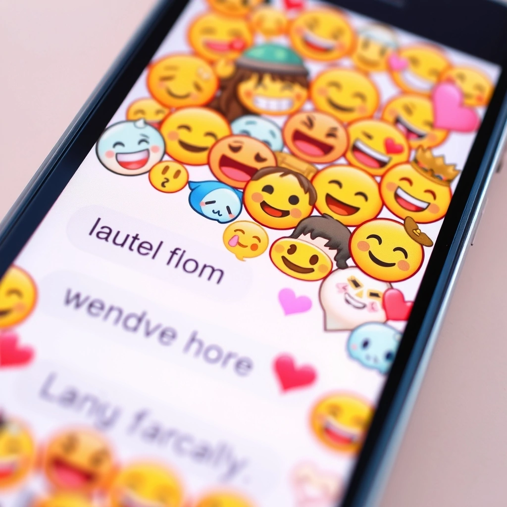 A smartphone displaying a vibrant text conversation full of different emojis.