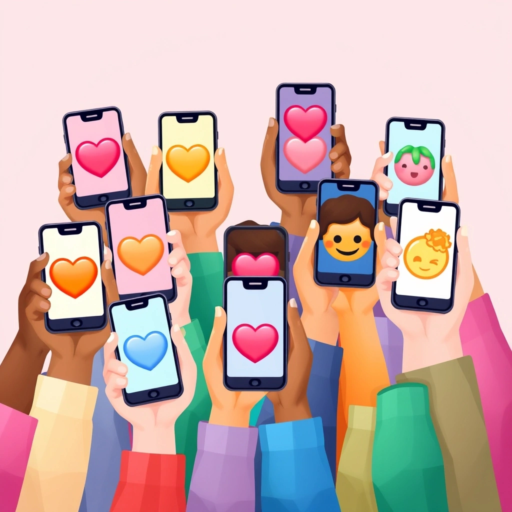 Multiple hands holding phones that display emojis representing connection and diversity.