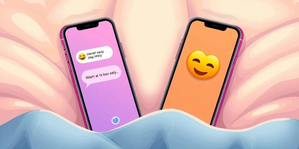 Two phones exchanging messages with awkward and heart emojis, showing a resolved and kind digital conversation. Two phones exchanging messages with awkward and heart emojis, showing a resolved and kind digital conversation.