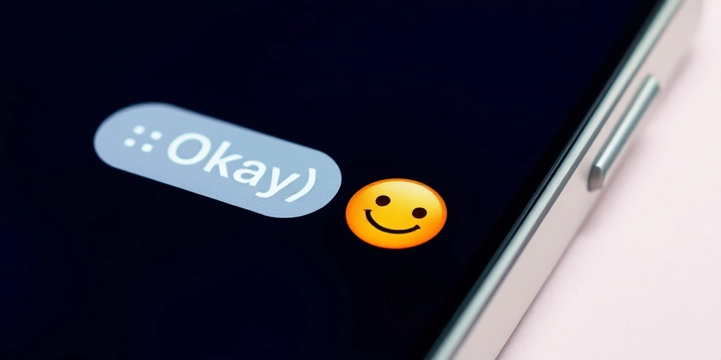 A smartphone comparing a plain 'Okay' text message with one softened by a smiling emoji.