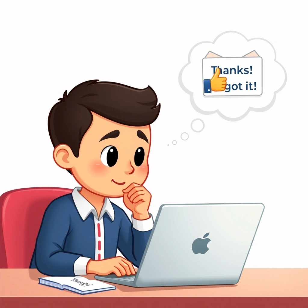 Someone contemplating whether to use a thumbs-up emoji in a work email.