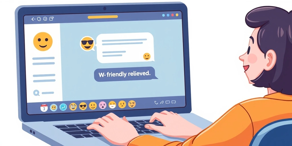 A professional feels relieved seeing a friendly emoji in a work task message on their laptop.